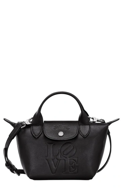 Longchamp X Robert Indiana Extra Small Le Pliage Leather Top Handle Bag In Black