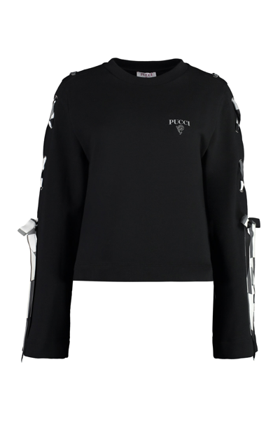 Pucci Giardino-print Lace-detail Cotton Sweatshirt In Black