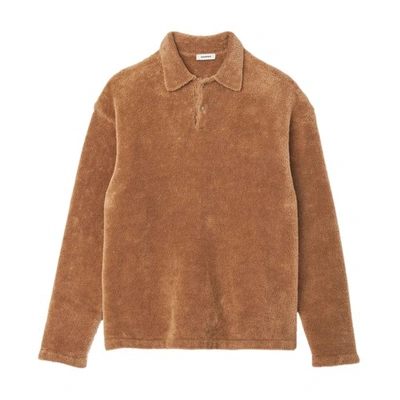 Sandro Oversized Long Sleeve Fleece Polo Shirt In Camel