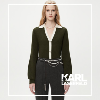 Karl Lagerfeld 【老佛爷】高级定纺纱绿白撞色针织开衫2023秋冬新品 In Brown