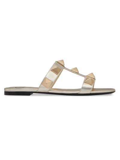 Valentino Garavani Roman Stud Metallic Nappa Slide Sandal With Matching Studs Woman Platinum 39.5