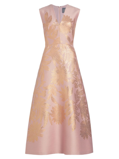 Lela Rose Blair Metallic Floral Jacquard Sleeveless Midi Dress In Blush