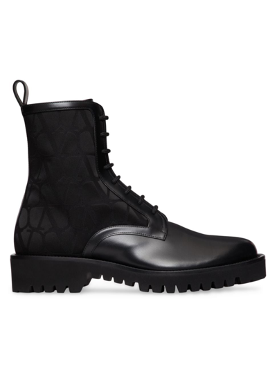 Valentino Garavani Toile Iconographe Leather Combat Boots In Black