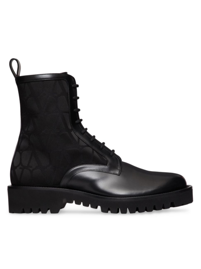 Valentino Garavani Black Combat Boot In Technical Fabric And Toile Iconographe Calfskin