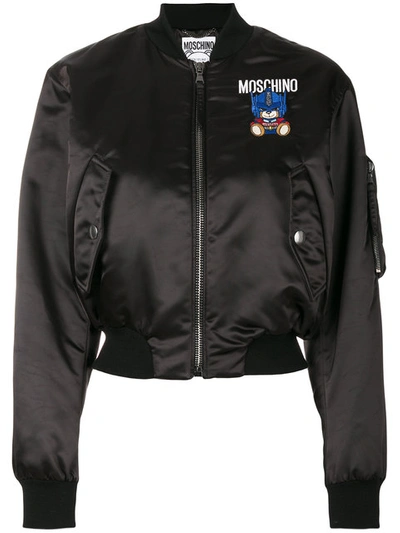 Moschino Embroidered Nylon Cropped Bomber Jacket, Black In Black