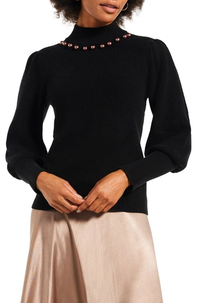 Nic + Zoe Twilight Embellished Puff Shoulder Mock Neck Sweater In Black