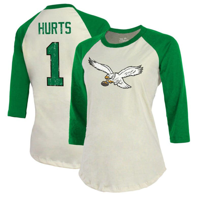 Majestic Threads Jalen Hurts Cream/kelly Green Philadelphia Eagles Player Raglan Name & Number Fitte In Cream,kelly Green
