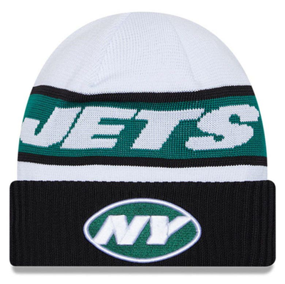 New Era Men's  White, Black New York Jets 2023 Sideline Tech Cuffed Knit Hat In White,black