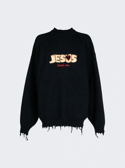 Vetements Jesus Loves You Destroyed Sweater In Blue