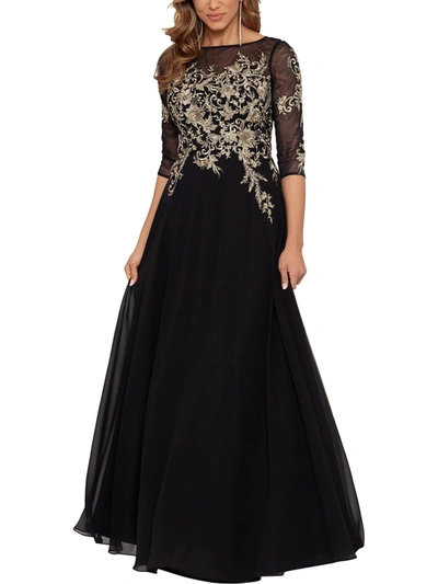 Betsy & Adam Womens Mesh Embroidered Evening Dress In Black