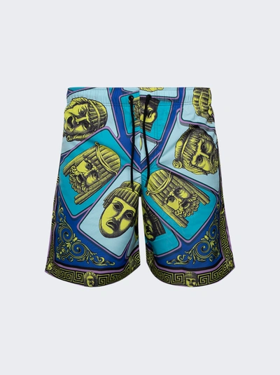 Versace Mask Print Swim Shorts In Acid Green And Teal