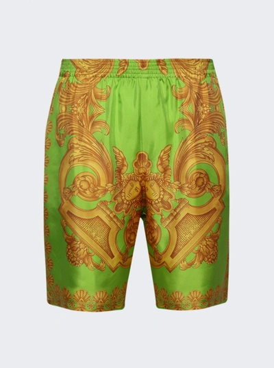 Versace Barocco 660 Silk Shorts In Lime And Gold