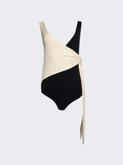 Lisa Marie Fernandez Dree Louise Two-tone Stretch-crepe Wrap-effect Swimsuit In Black And Off-white