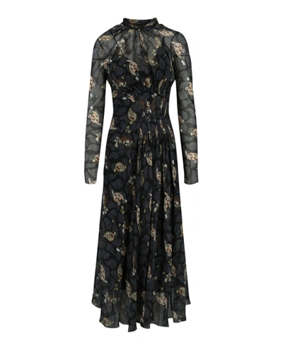 Ferragamo Floral Print Midi Dress In Black