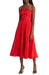 MOON RIVER STRAPLESS PLEATED MIDI DRESS