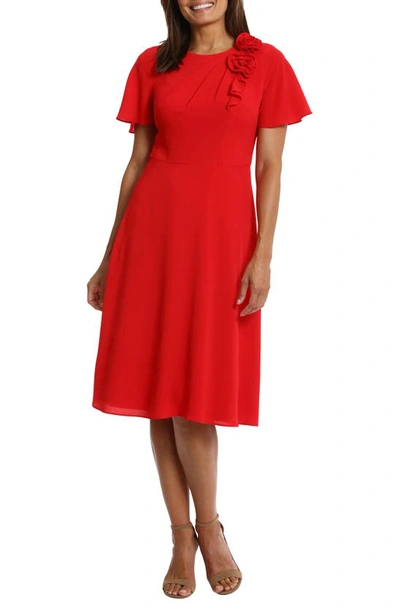 London Times Women's Rosette Flutter-sleeve Midi Dress In Cherry