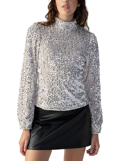 Sanctuary Womens Sequined Mock Neck Blouse In White