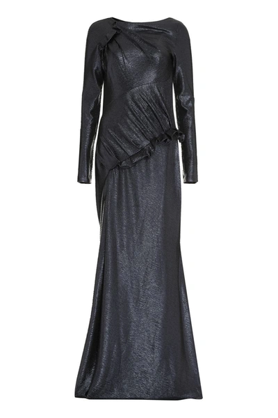 Talbot Runhof Draped Ruffled Maxi Dress In Blue
