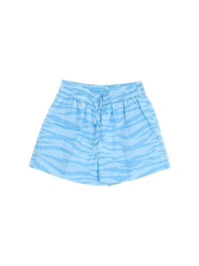 Ganni Printed Cotton Elasticated Shorts In Blue