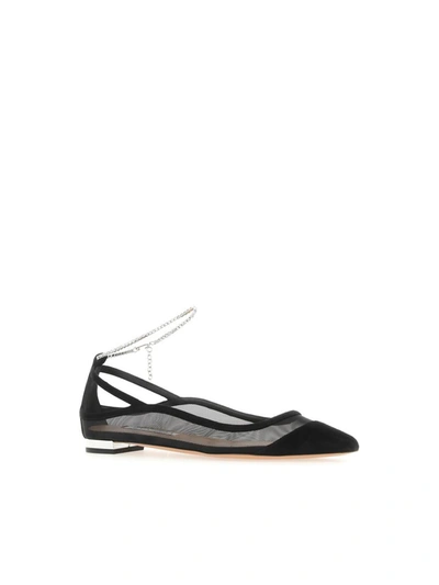 Aquazzura Ankle Strap Crystal Embellished Flat Shoes In Black