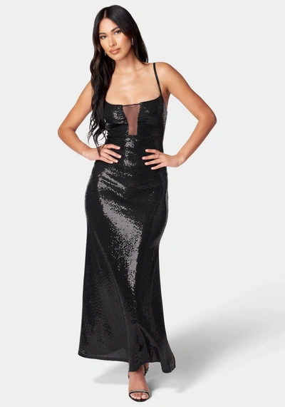 Bebe Mesh Inset Maxi Disco Dot Dress In Black