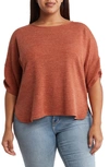 Max Studio Ruched Sleeve Ribbed Top In Cedar