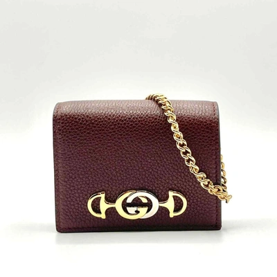 Gucci Women's Zumi Burgundy Leather Gold Chain Bi-fold Mini Wallet W/box In Burgendy