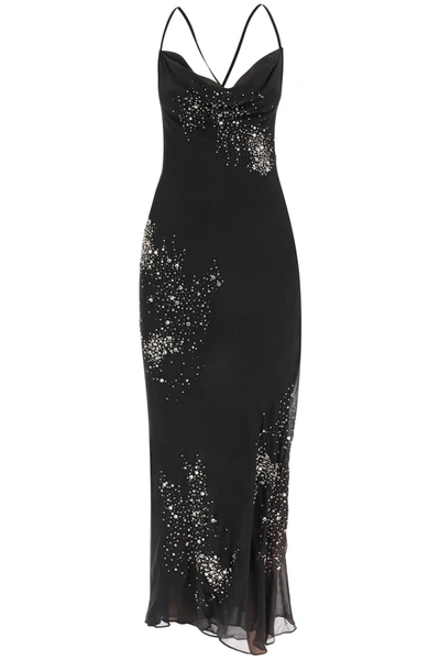 Des Phemmes Silk Chiffon Maxi Dress With Crystal Appliques In Black