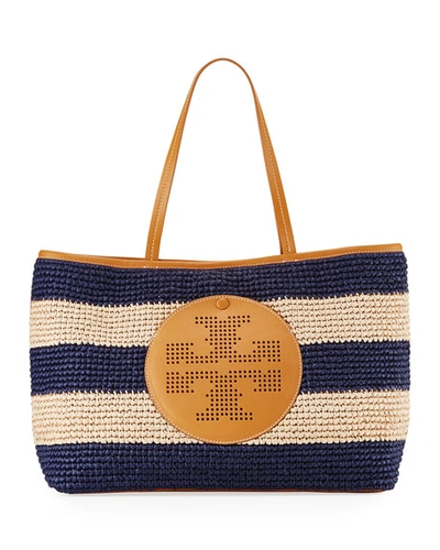 Tory Burch Straw Perforated Logo Tote Bag, Tory Navy/natural In  Natural/gold