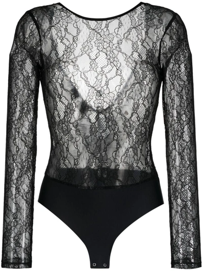 Pinko Chantilly Lace Long-sleeve Bodysuit In Black