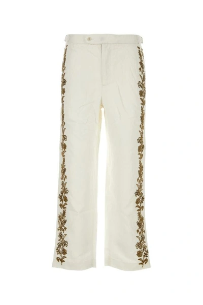 Bode Flower-beaded Silk-twill Trousers In Cream