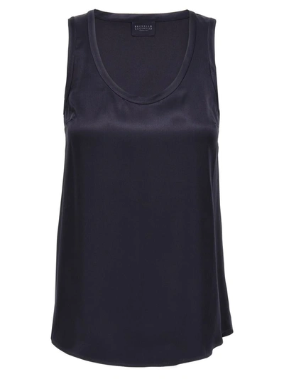 Brunello Cucinelli Sleeveless Silk Blouse In Blue