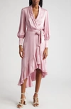 Zimmermann Long-sleeve Wrap Silk Midi Dress In Pink