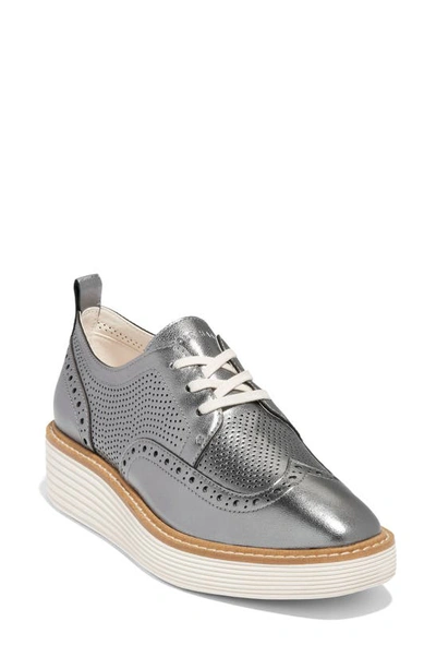 Cole Haan Women's Originalgrand Metallic Leather Platform Wingtip Oxfords In Pewter Metallic