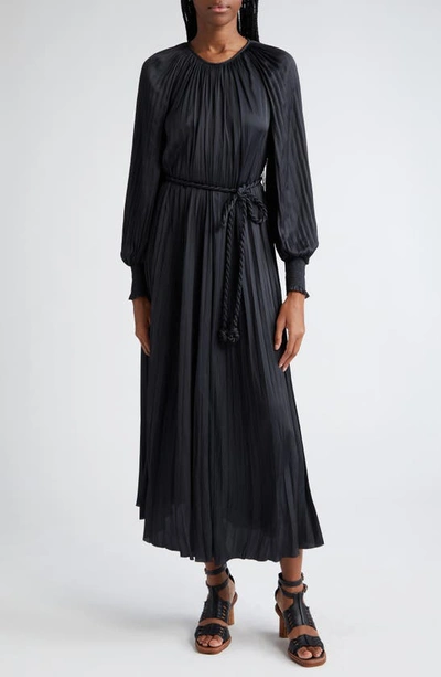 Ulla Johnson Zora Long Sleeve Pleated Satin Maxi Dress In Noir