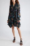 ULLA JOHNSON ANAIS METALLIC FLORAL LONG SLEEVE SILK GEORGETTE DRESS