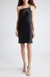 Stella Mccartney Falabella Crystal Chain Double Satin One-shoulder Mini Dress In Black