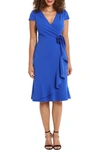 London Times Rosette Ruffle Cap Sleeve A-line Dress In Bright Cobalt