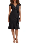 London Times Plus Size Pleated Flounce Surplice Dress In Black