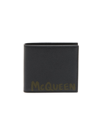 Alexander Mcqueen Graffiti Logo Leather Bifold Wallet In Black Khaki