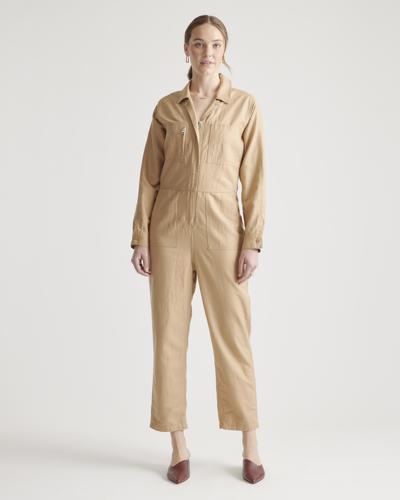Quince Women's Cotton Linen Twill Long Sleeve Coverall Jumpsuit In Camel