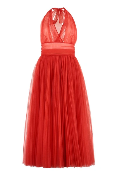 Dolce & Gabbana Tulle Plissé Halter Neck Midi Dress In Red
