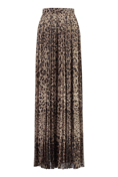 Dolce & Gabbana Animalier Print Long Pleated Skirt In Brown