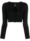 Pinko Cut-out Ribbed-knit Cropped Cardigan In Nero Limousine