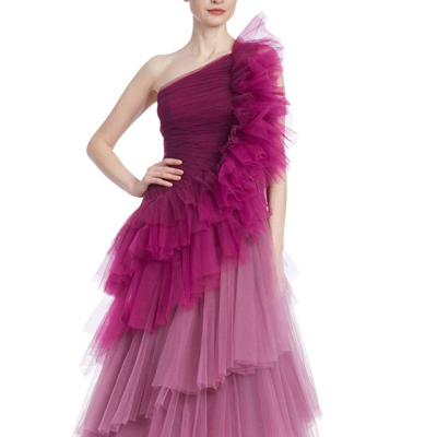 Badgley Mischka One-shoulder Ombre Tiered Tulle Gown In Purple