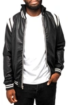 X-RAY STRIPE FAUX LEATHER HOODED MOTO JACKET WITH FAUX FUR LINING