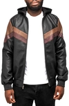 X-RAY CHEVRON STRIPE FAUX LEATHER HOODED MOTO JACKET WITH FAUX FUR LINING