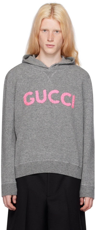 Gucci Logo Wool Knit Hoodie In Grey