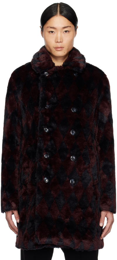 Needles Burgundy & Navy Argyle Faux-fur Peacoat In B-navy/bordeaux