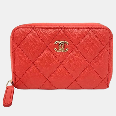 Pre-owned Chanel Orange Caviar Leather Zip Around Cc Wallet